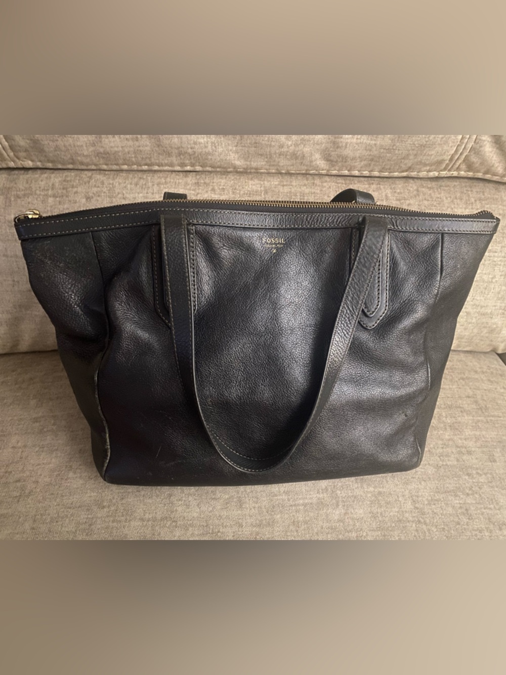Fossil Black Leather Zip-Top Tote